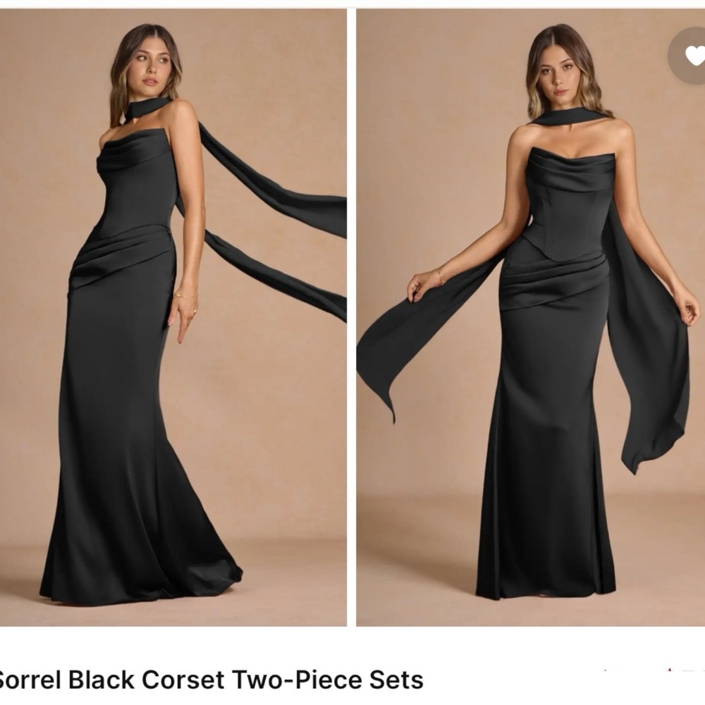 Azazie Sorrel Black Corset Two-Piece with Draped Scarf